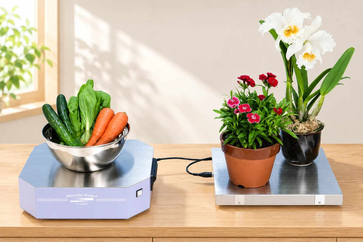 RT-WB500本体に野菜の容器、接続したe-ボードに鉢植えをのせた使用例