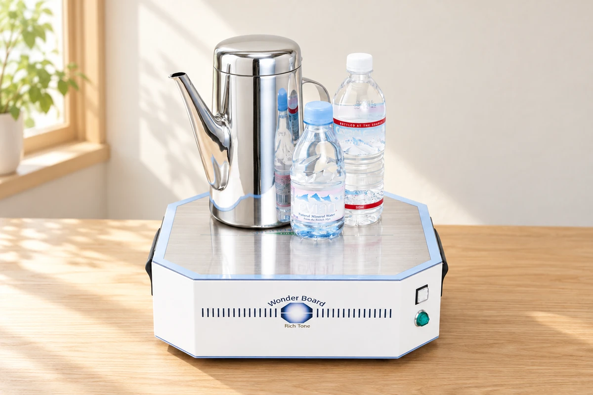RT-WB100にステンレス容器と飲料水のペットボトルをのせた使用例