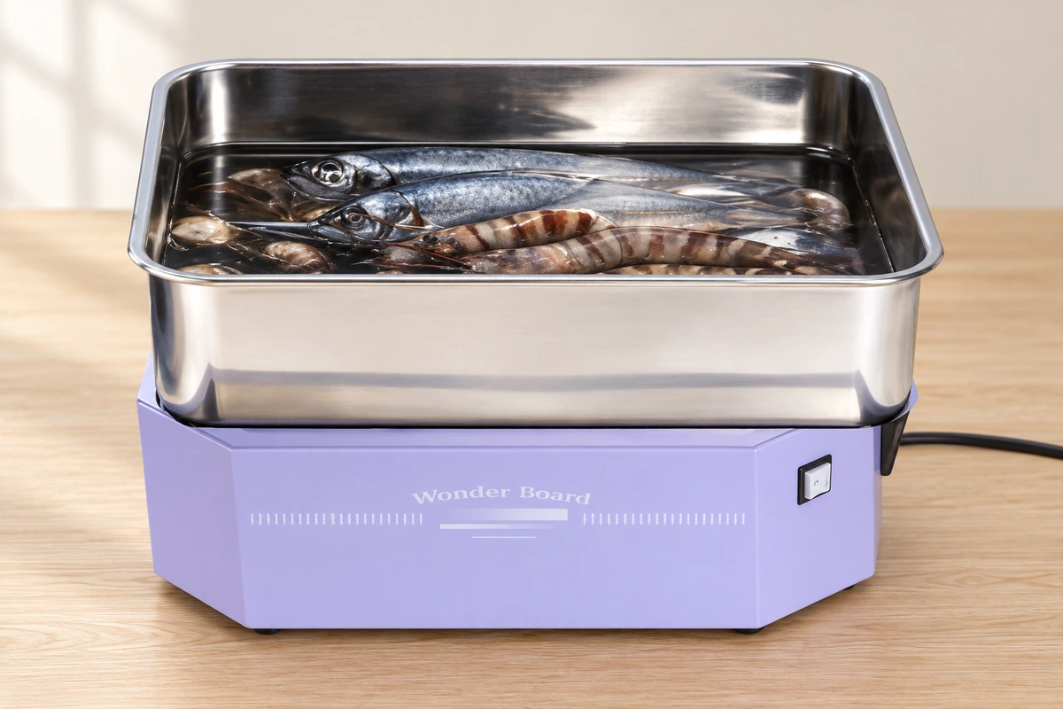 ワンダーボードに魚介類を入れた容器をのせた使用例